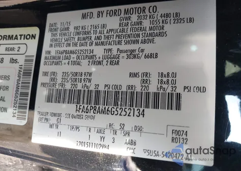 2016 Ford Mustang V6 from USA, damaged, VIN 1FA6P8AM6G5252134